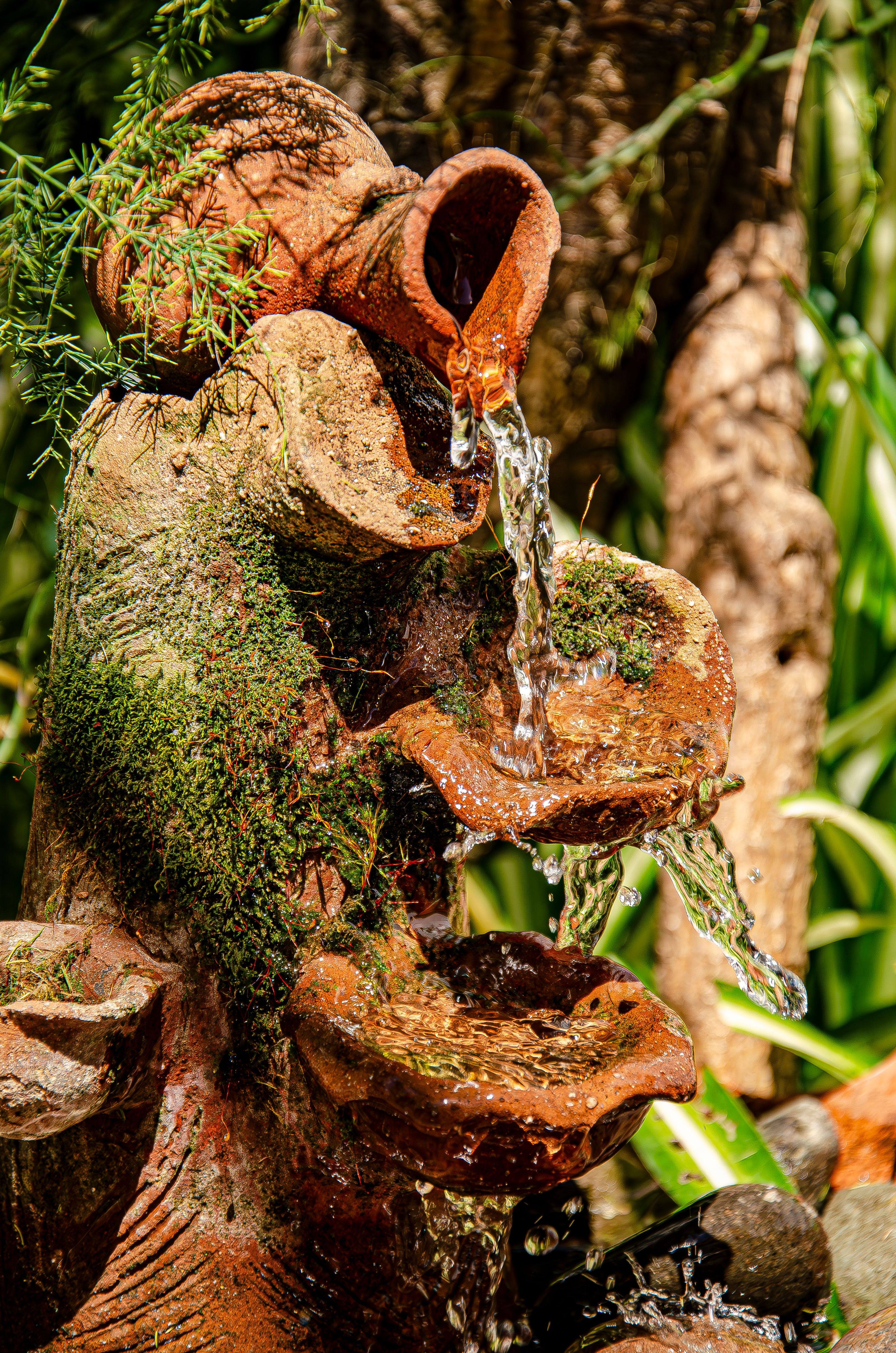 Fonte de água para jardim em terracota rústica com água corrente e vegetação ao redor
