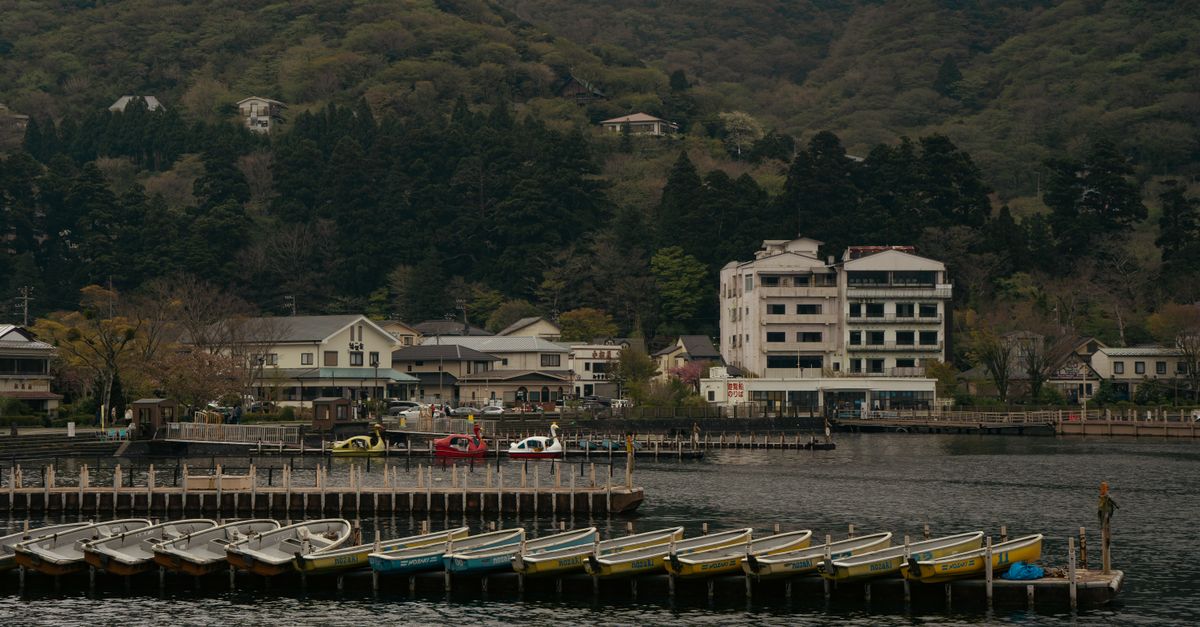 Tranquil view of Lake Ashi in Hakone, Japan, with docked boats and lush mountains, providing a serene atmosphere.
