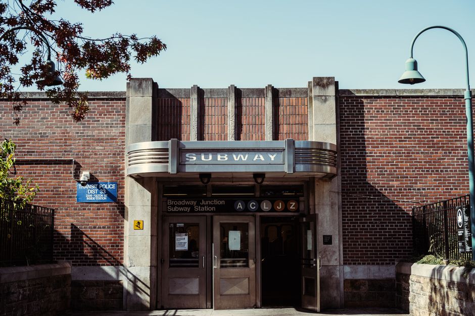 Front view of the historic Art Deco entrance to Broadway Junction Subway Station, New York City.