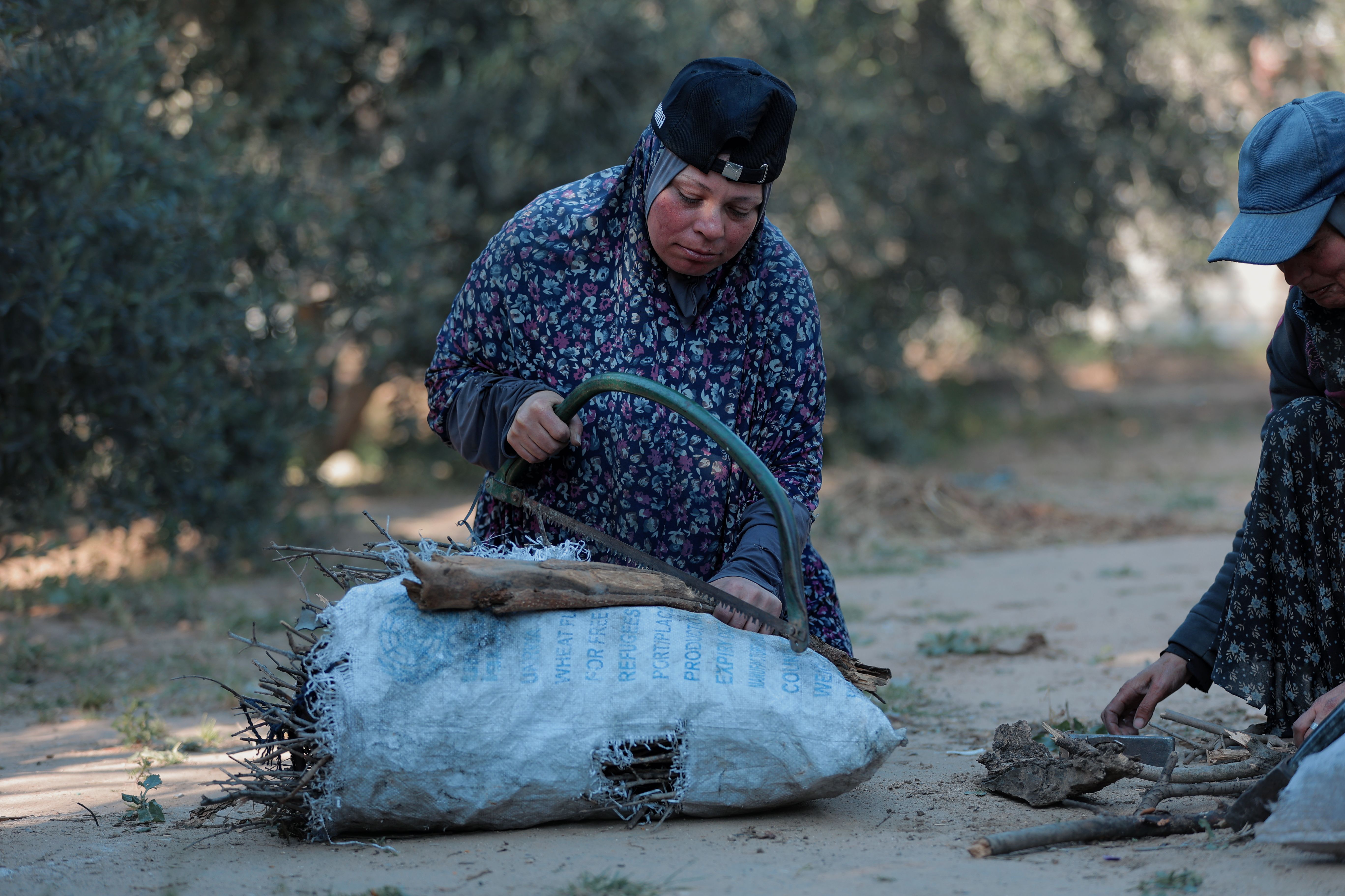 Two women collecting and working with natural materials outdoors in a rural setting