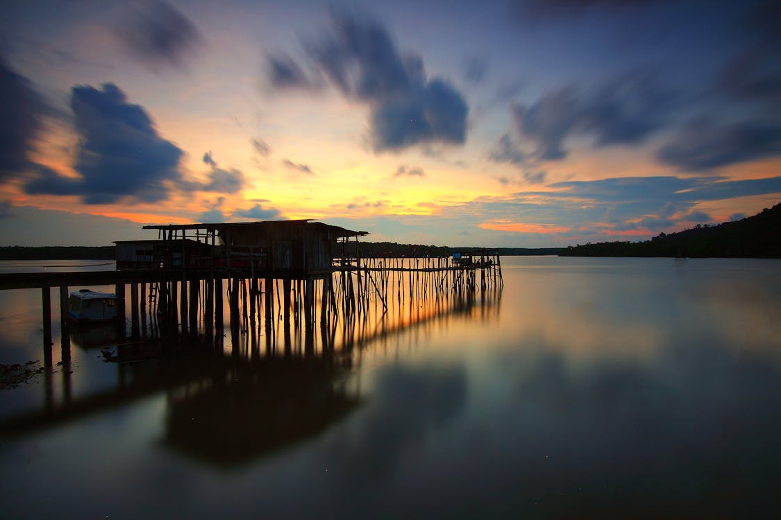 Brown Wooden Dock Silhouette during Golden Hour