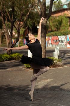 Ballet dancer in black tutu gracefully poses outdoors amid colorful graffiti backdrop.