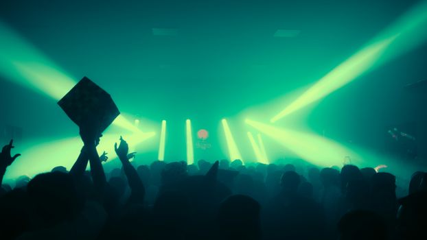 Energetic nightclub scene with colorful lights and a lively crowd enjoying the music.