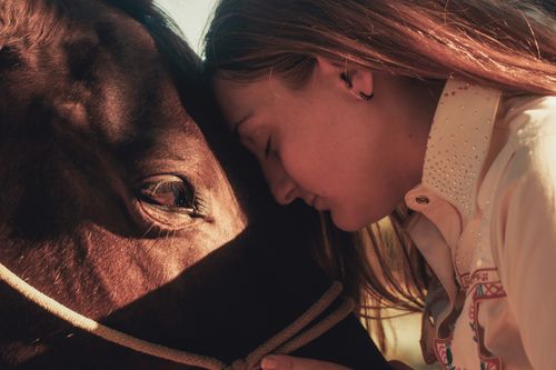 Free Woman embracing horse in a warm outdoor setting, showcasing deep connection. Stock Photo