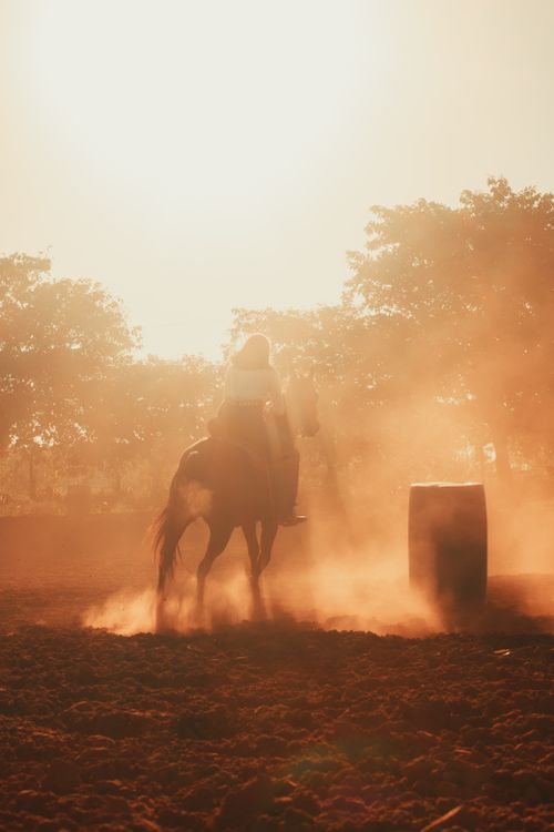 Free Silhouette of a person riding a horse in a dusty arena during sunset. Stock Photo