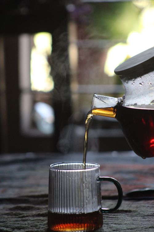 Free Steam rises as hot tea is poured into a glass mug, creating a warm indoor ambiance. Stock Photo