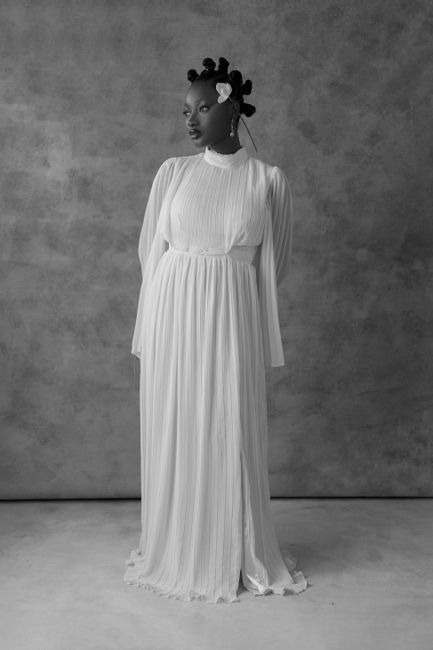 Black and white portrait of an elegant woman in a flowing gown with bantu knots.