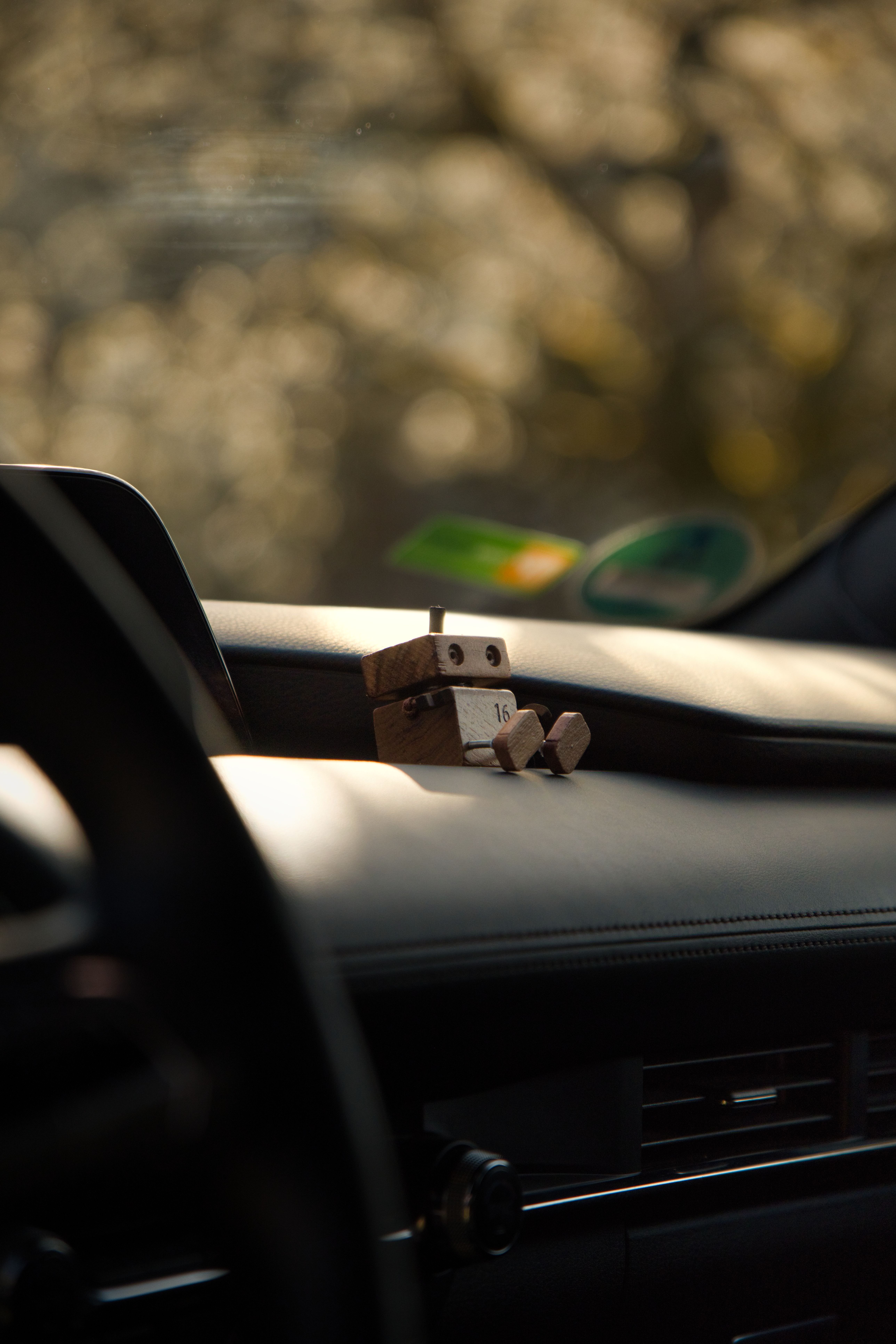 A robot toy in a car dashboard with blurred foliage background, creating an artistic mood.