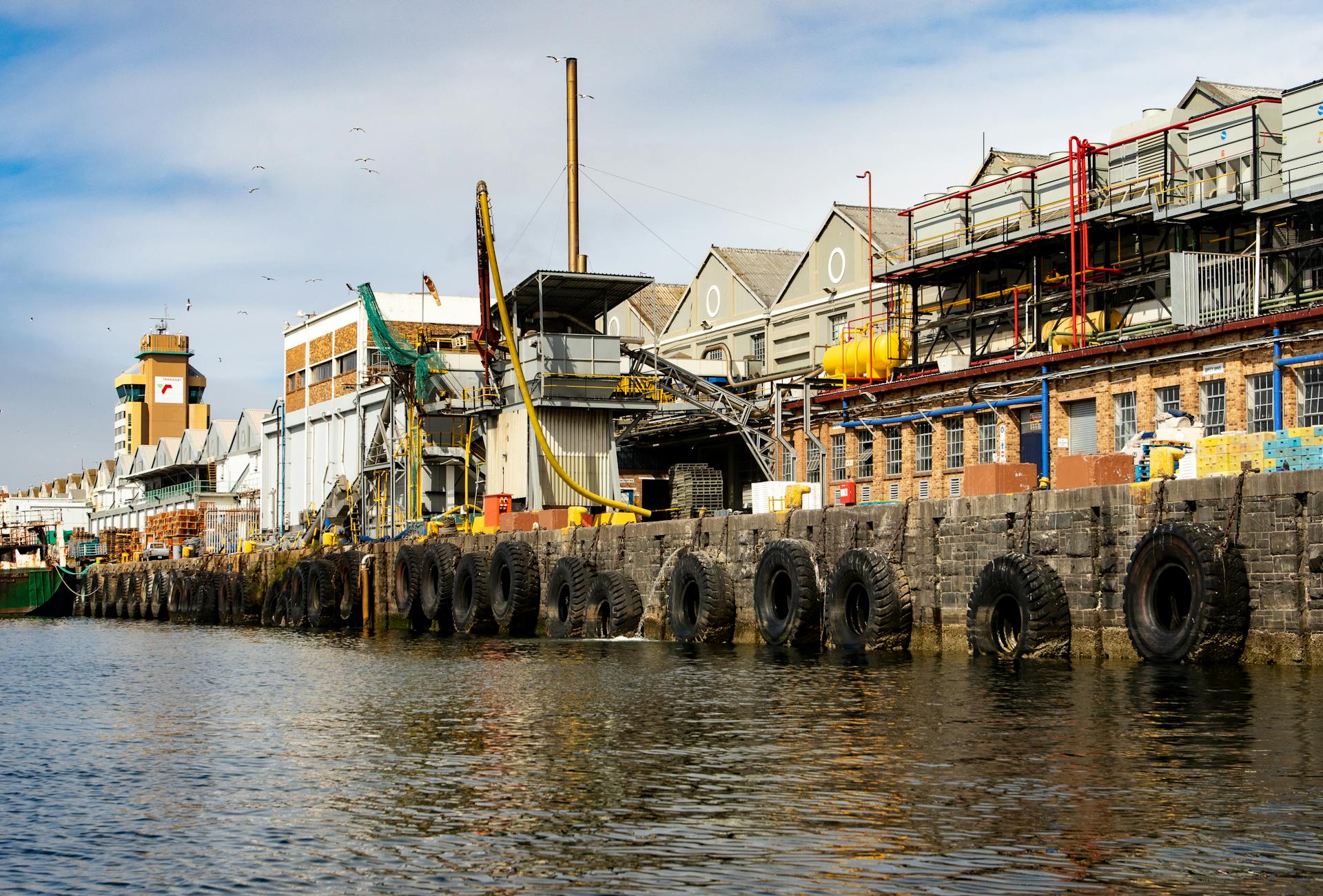 Scenic view of Cape Town harbor's industrial waterfront with ships and buildings.