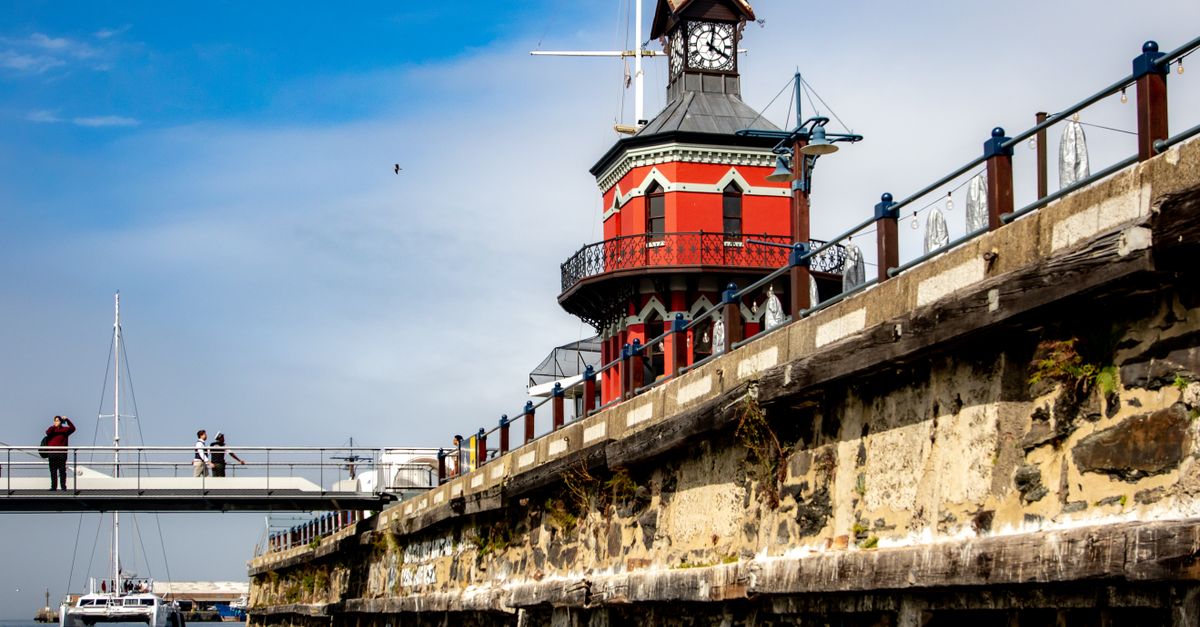 Clock tower scene at Cape Town’s V&A Waterfront.