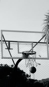 Artistic black and white photo of a basketball hoop with ball in motion outdoors.