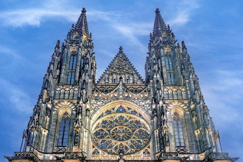 Free Close-up of St. Vitus Cathedral's intricate Gothic facade in Prague, Czech Republic. Stock Photo