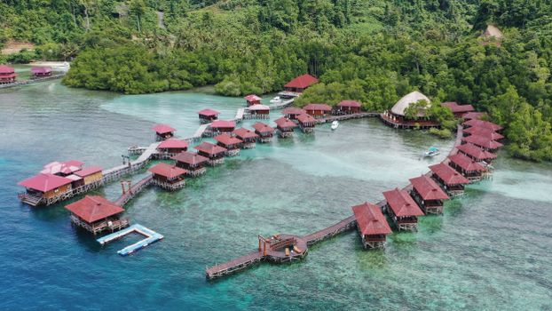 Scenic aerial view of overwater bungalows on a lush tropical island resort.