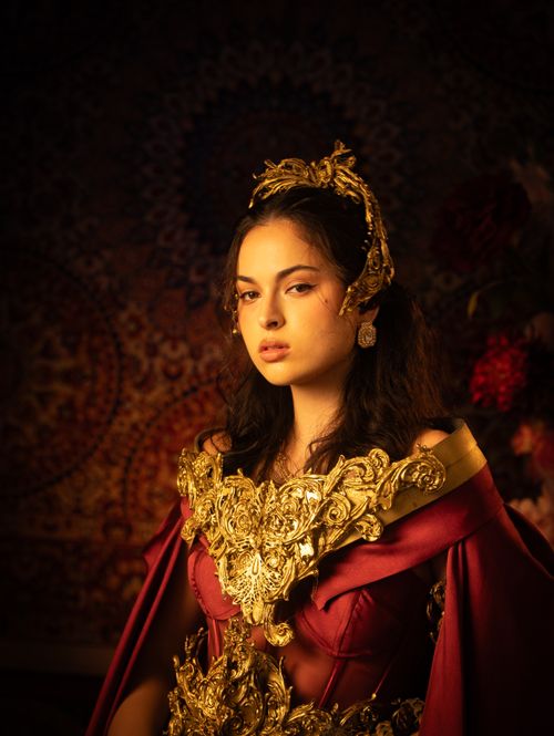 Free Elegant portrait of a young woman in an ornate costume with golden details. Stock Photo