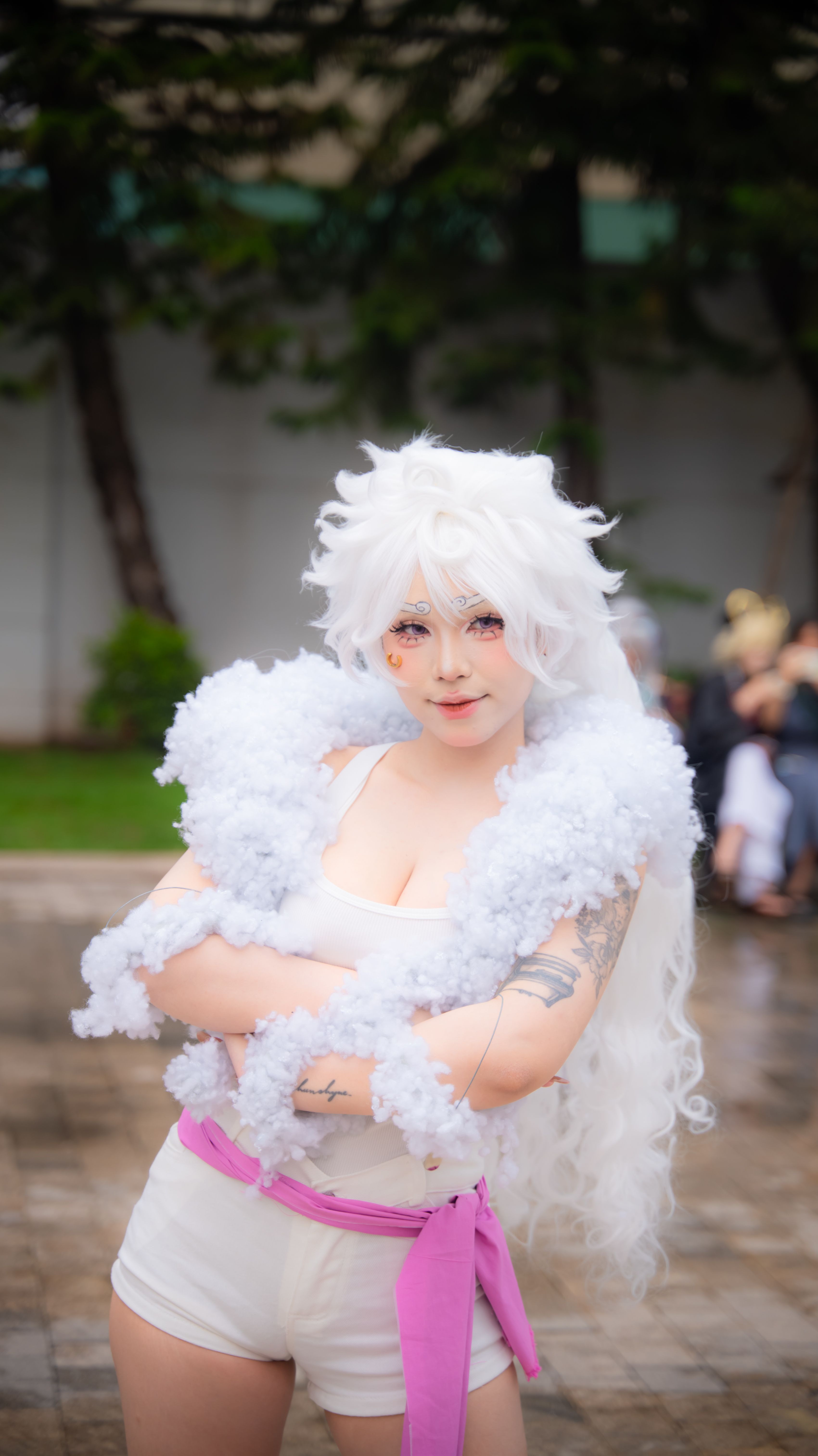 White-haired Cosplay Character in Outdoor Setting