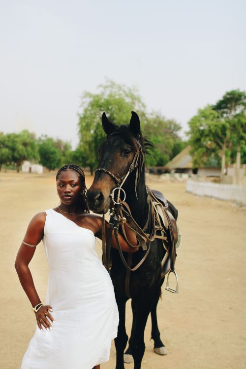 Free A woman in a white dress poses confidently with a black horse outdoors. Stock Photo