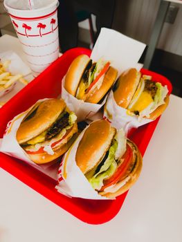 Mouthwatering cheeseburgers with fries on red tray at a classic Dallas diner.