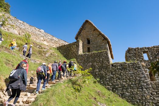 Visitors ascending the ancient stone steps of Machu Picchu, Peru, with clear blue skies and historic architecture.