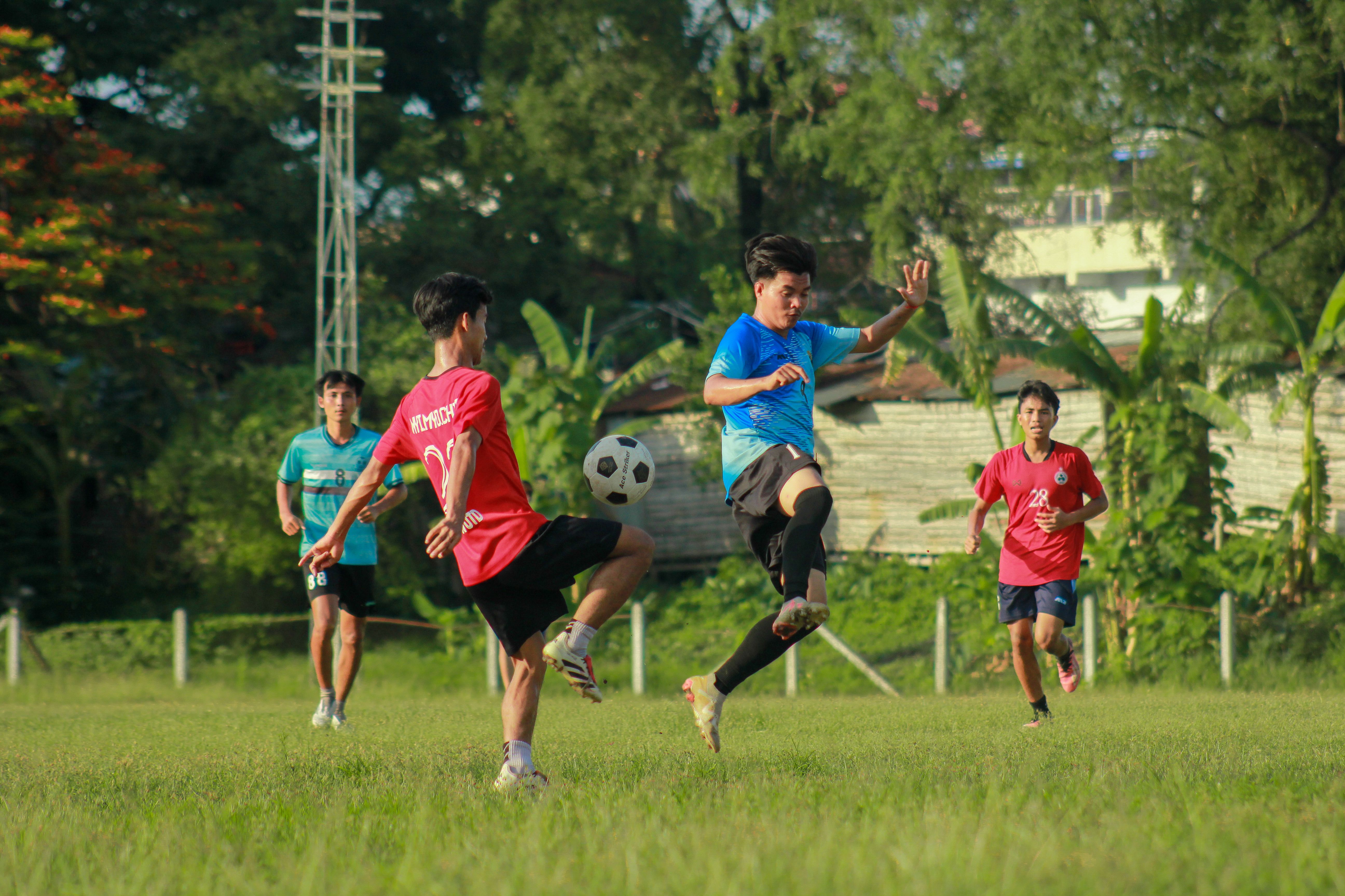 កីឡាករបារាំងកំពុងហ្វឹកហាត់នៅទីលានបាល់ទាត់ក្រោមពន្លឺថ្ងៃ មុនការប្រកួតធំ