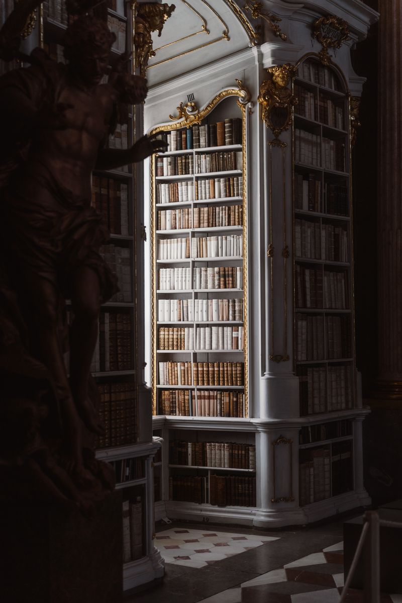 Elegant Admont Abbey Library corner with ornate rococo architecture and light-dappled bookshelves in Austria.