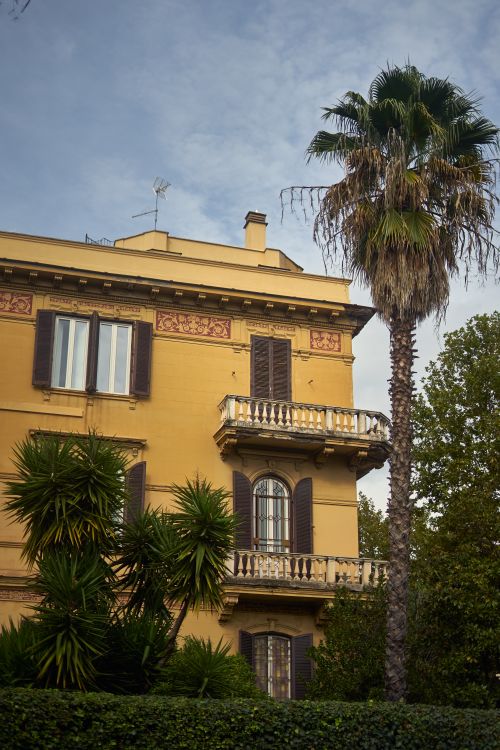 Free Charming villa in Rome, Italy surrounded by lush palm trees, epitomizing Mediterranean architecture. Stock Photo