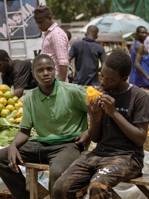 Free Young men at a vibrant street market in Zaria, Nigeria, sharing a moment amidst fresh produce. Stock Photo