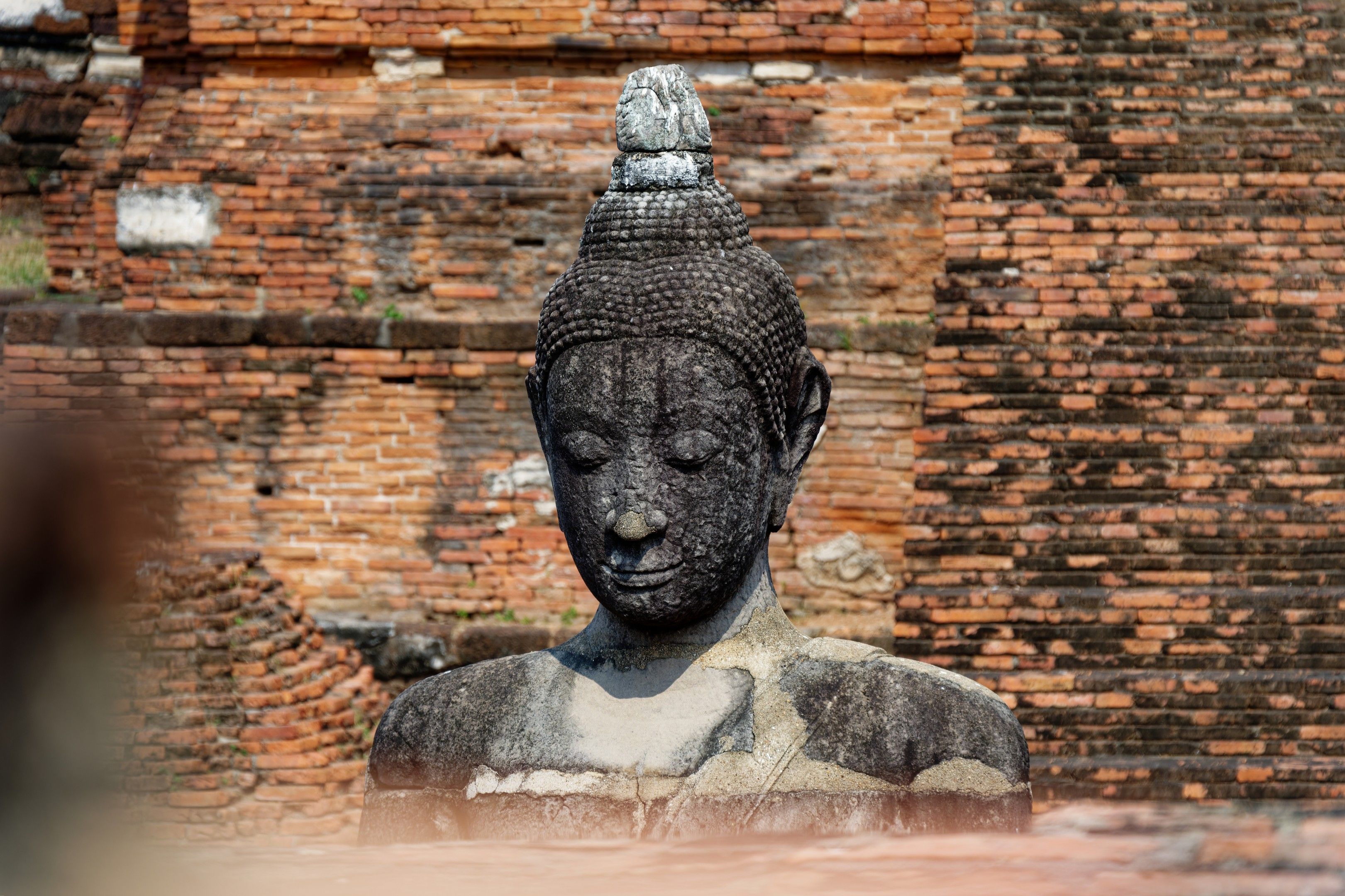 Close-up of an ancient Buddha statue at Wat Chaiwatthanaram, Ayutthaya, with brick background and weathered texture.