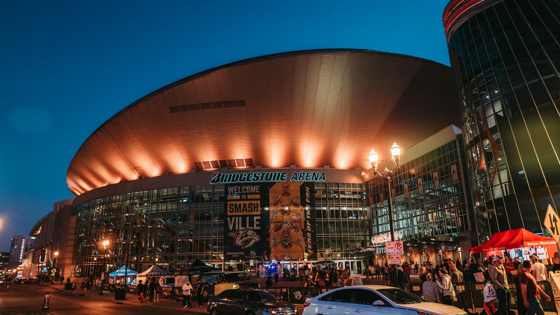 Modern sports arena in Nashville at night