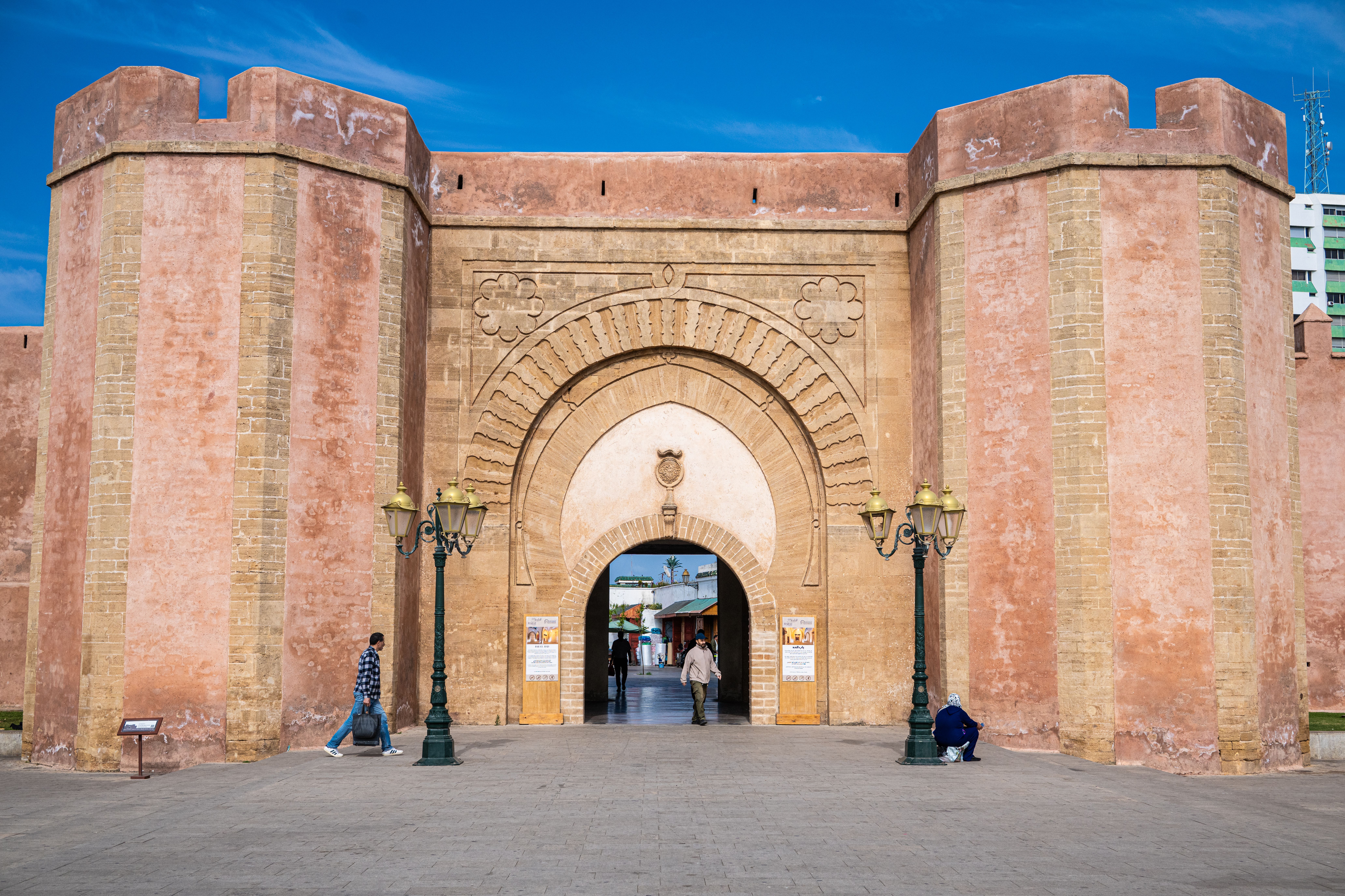 The iconic Bab El Had gate showcasing historical architecture in Rabat, Morocco.