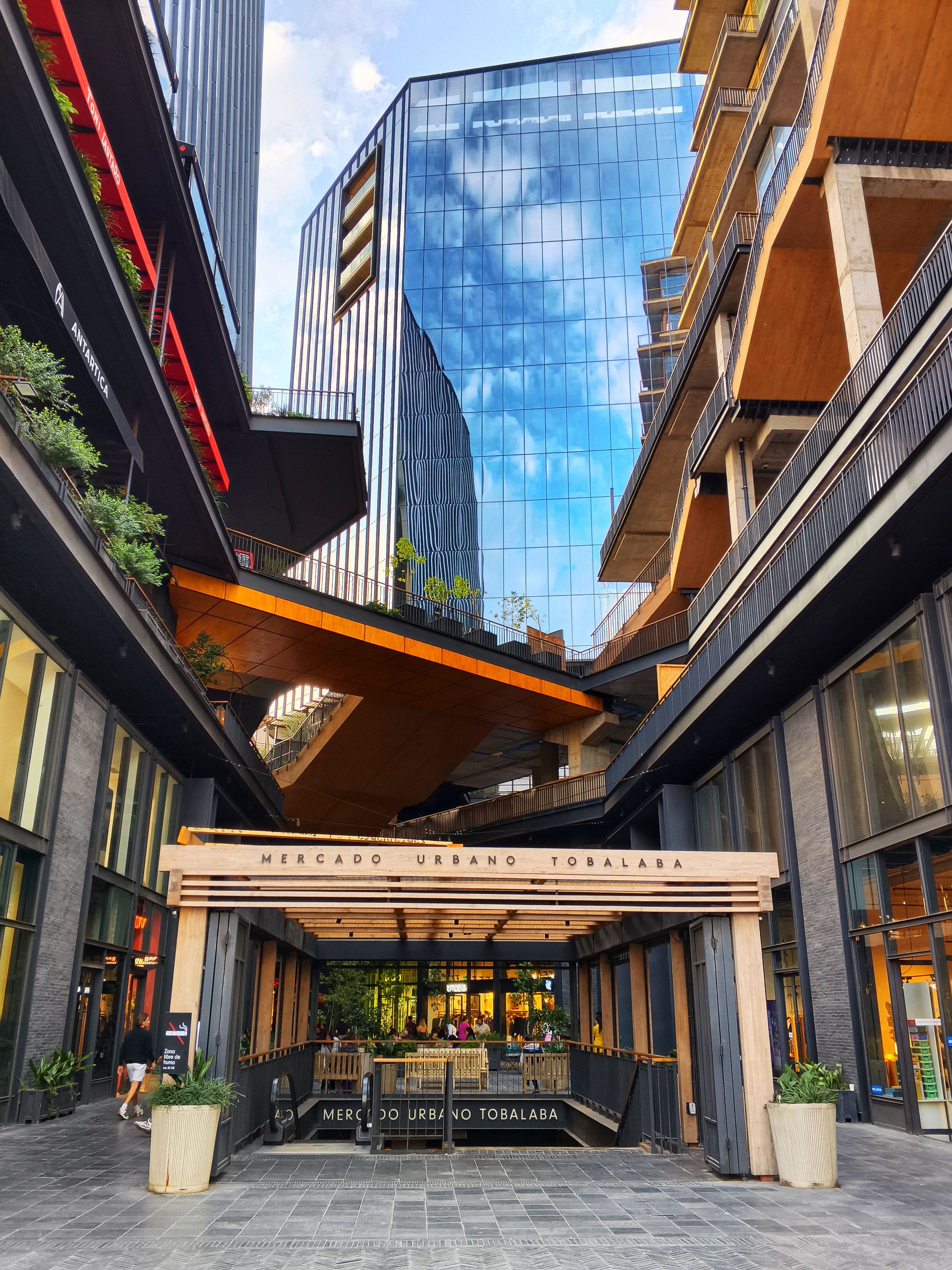 Striking view of Mercado Urbano Tobalaba with modern architecture in Las Condes, Chile.