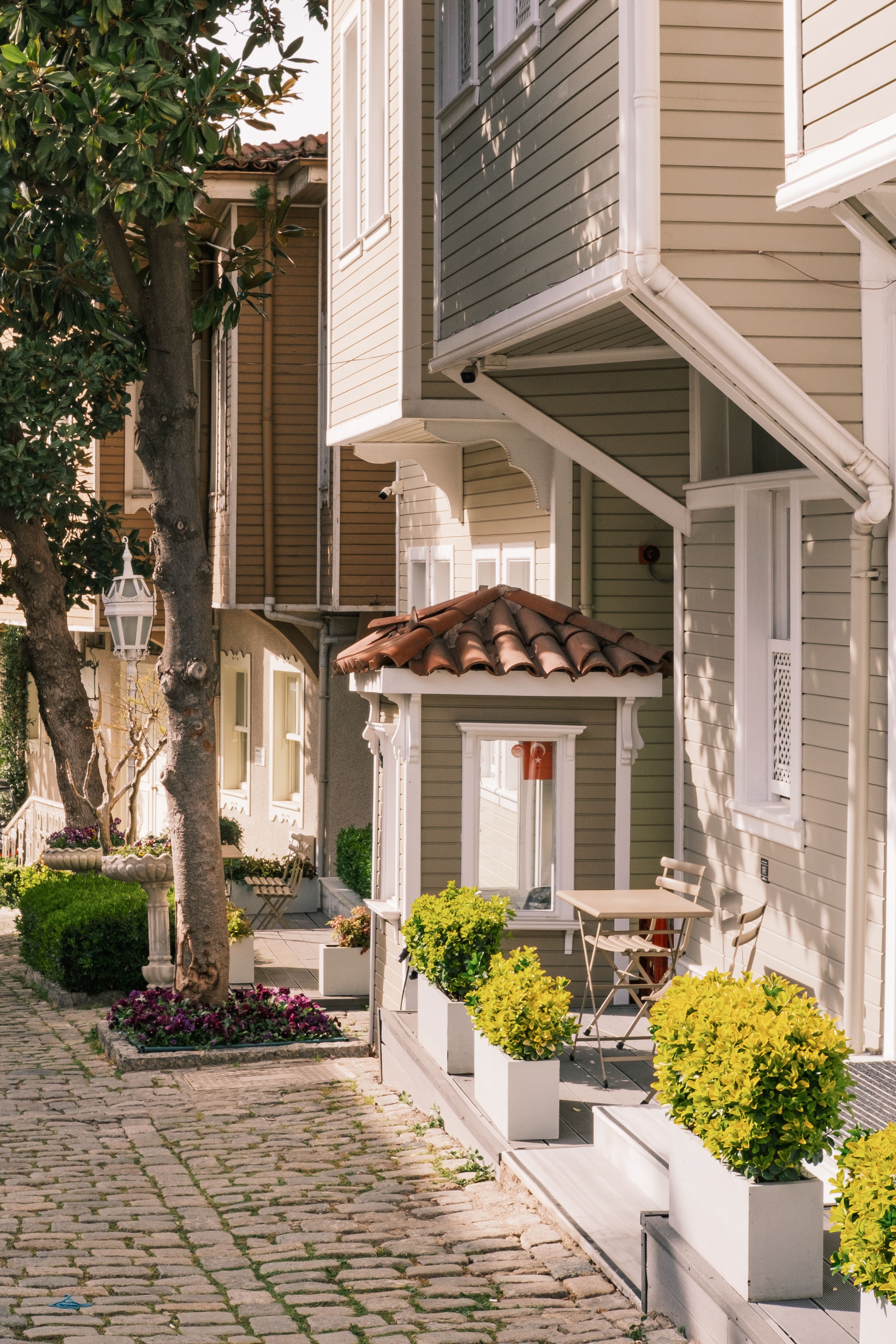 A picturesque cobblestone street lined with charming, cozy houses and lush greenery in a sunny setting.