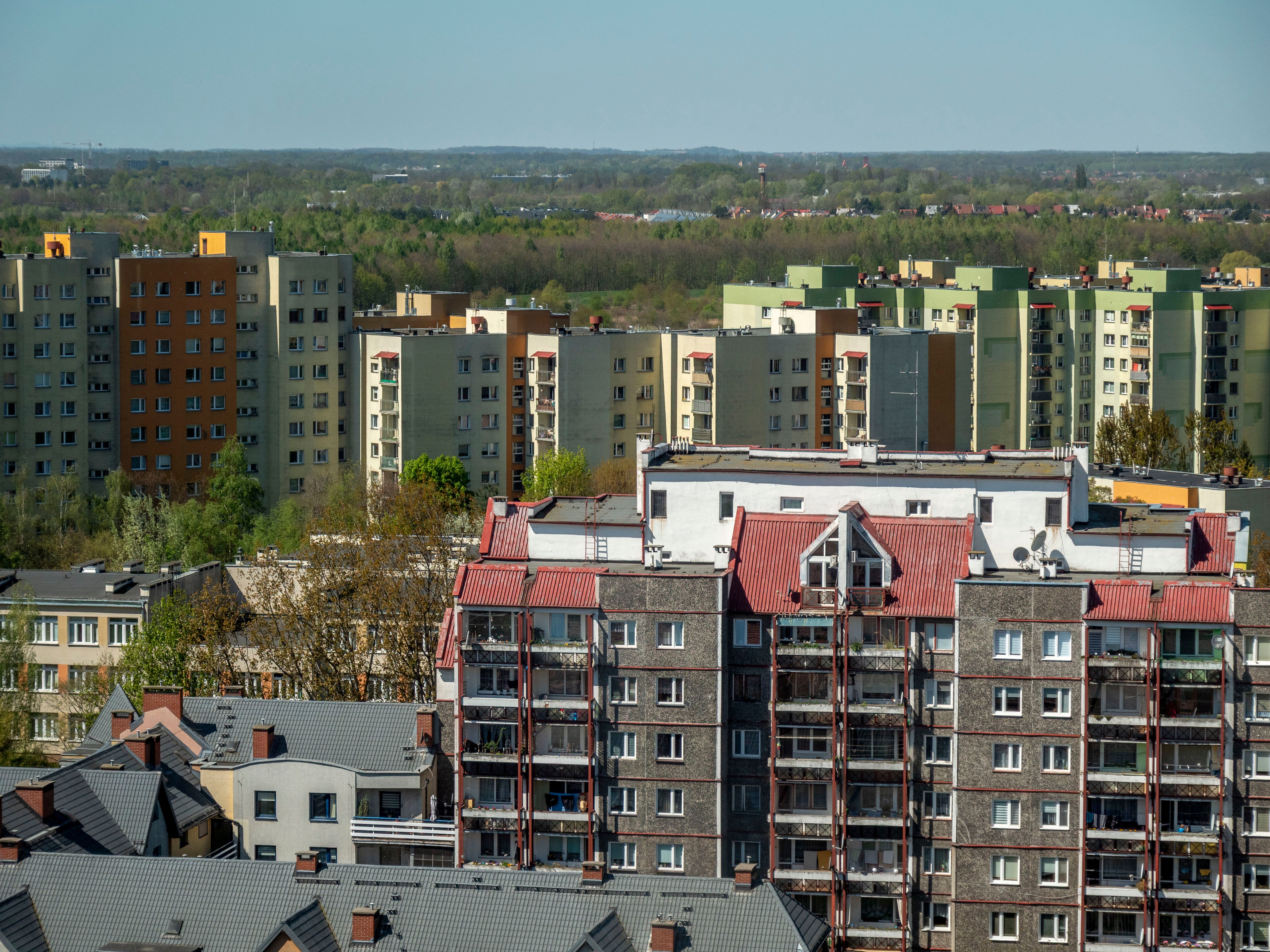Aerial view of colorful residential buildings in Wrocław, Poland.