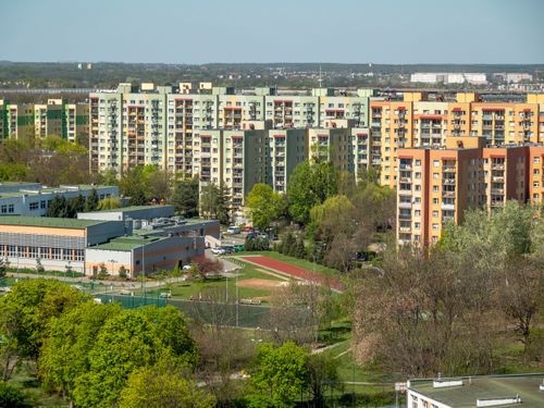 Free Aerial view of vibrant residential district in Wrocław, Poland highlighting colorful apartment buildings. Stock Photo