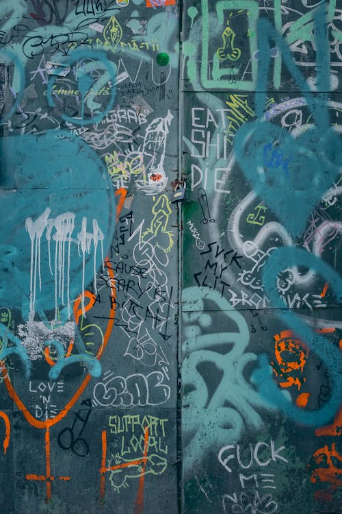 Closed metal door on street with vandal inscriptions made by aerosol spray paint