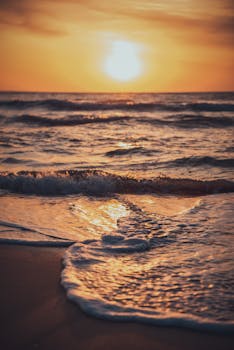 宁静的日落映照着沙滩上的海浪，拥抱着这份宁静