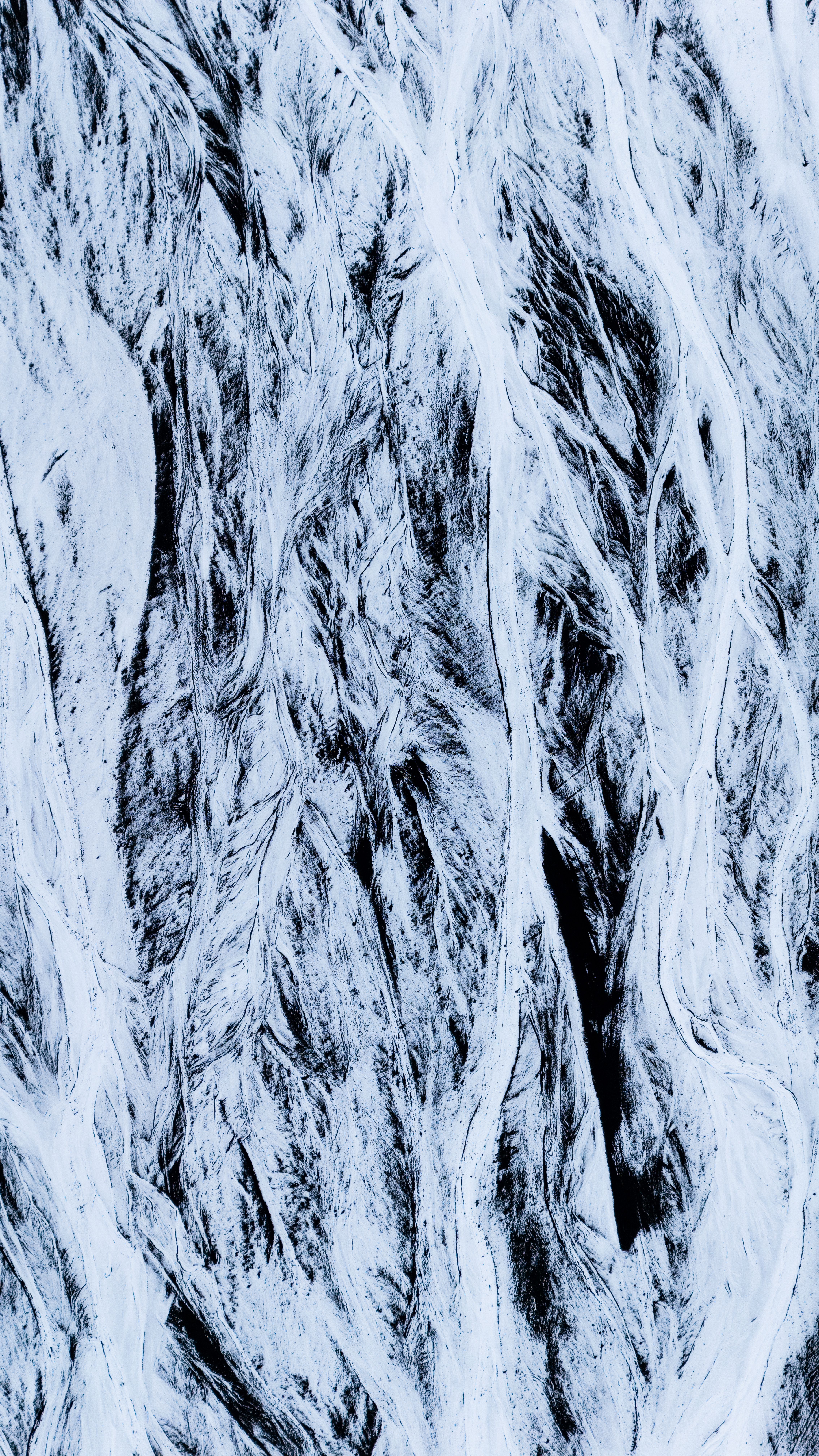 A captivating black and white abstract pattern resembling natural textures seen from above.
