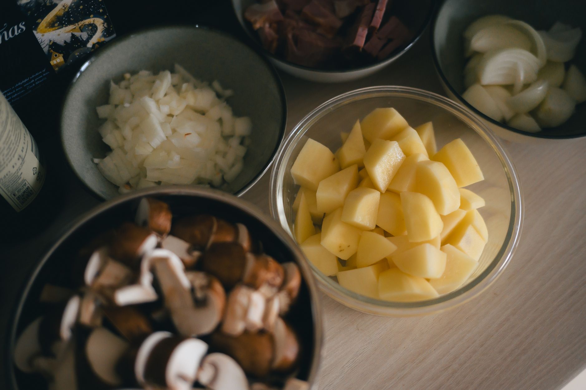 Roasted potatoes and mushrooms dish served with herb dressing