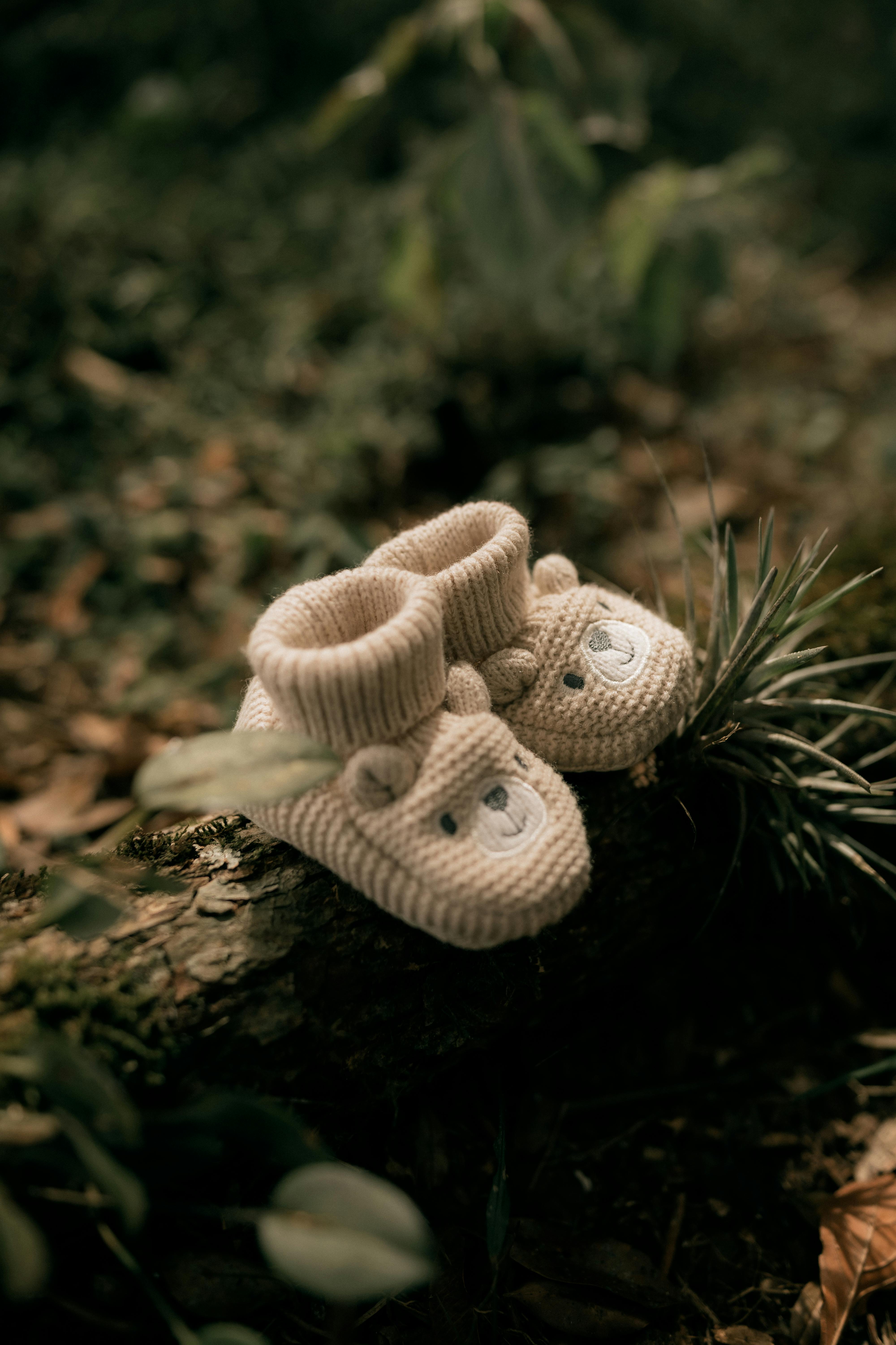 Adorable knit baby booties with animal faces placed on a log in a tranquil forest setting.