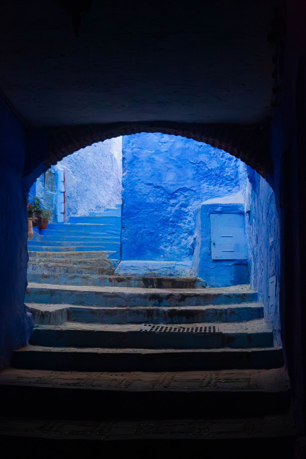 Blue-painted street in Chefchaouen, Morocco