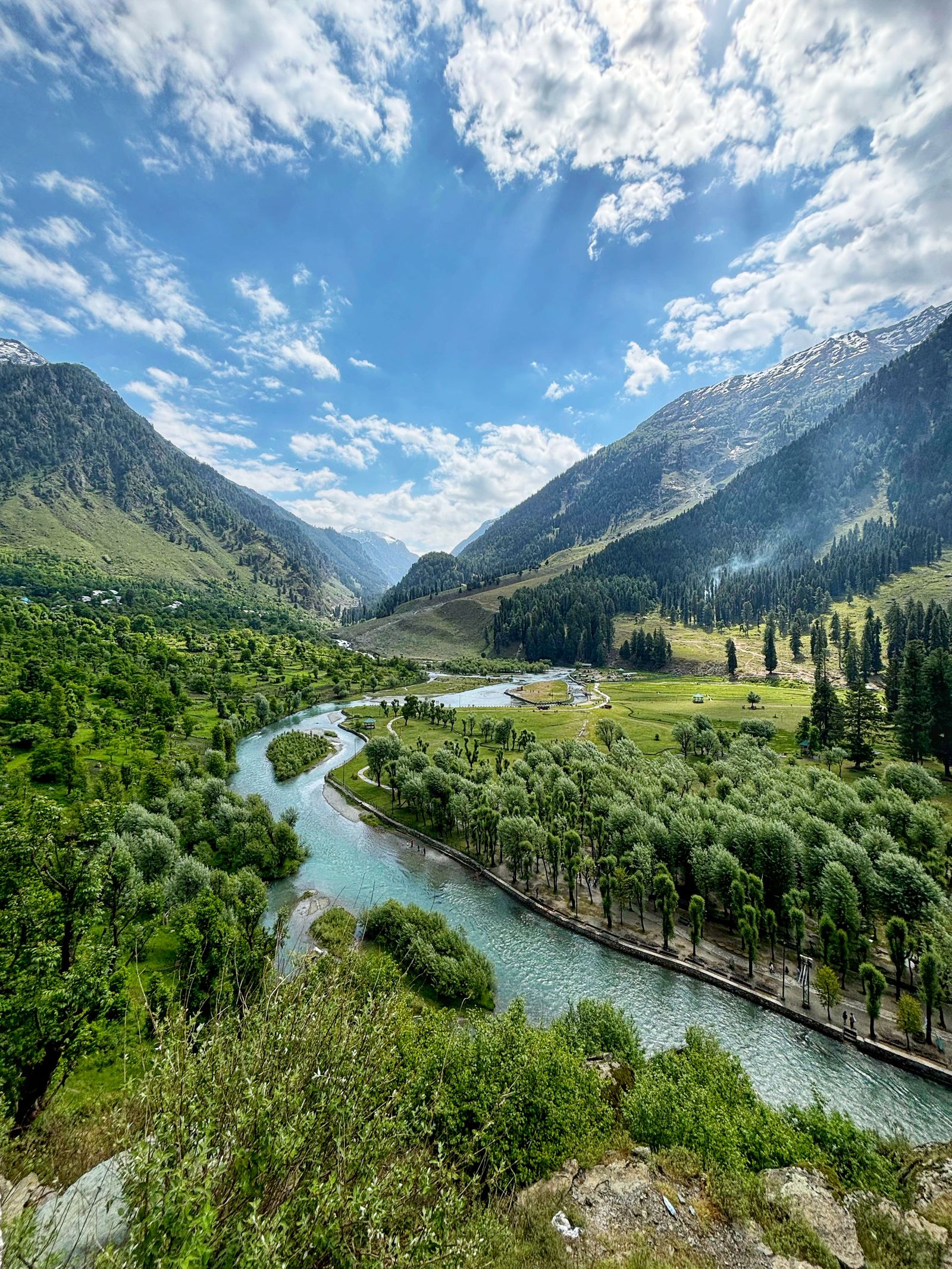 Lush valley and river in Pahalgam, Kashmir