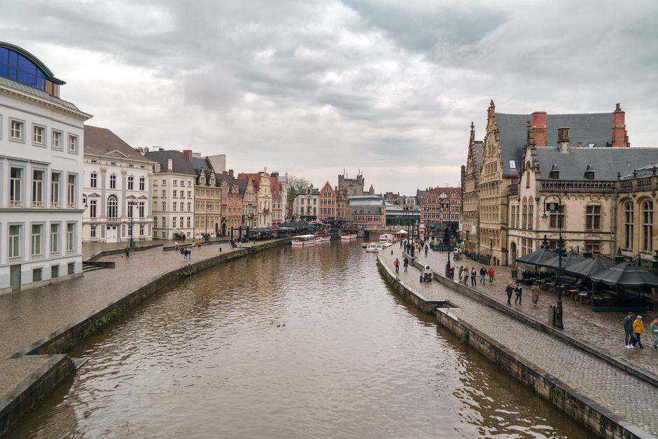 Historic buildings and canals in Ghent city center, Belgium