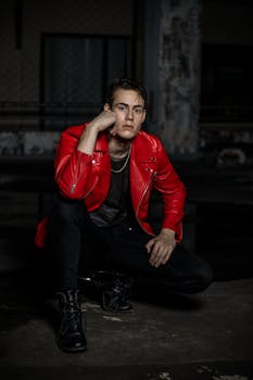 时尚男模特在室内城市拍摄中穿着一件引人注目的红色夹克