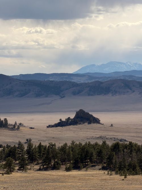 Free Serene landscape featuring distant mountains and foreground forest under a cloudy sky. Stock Photo