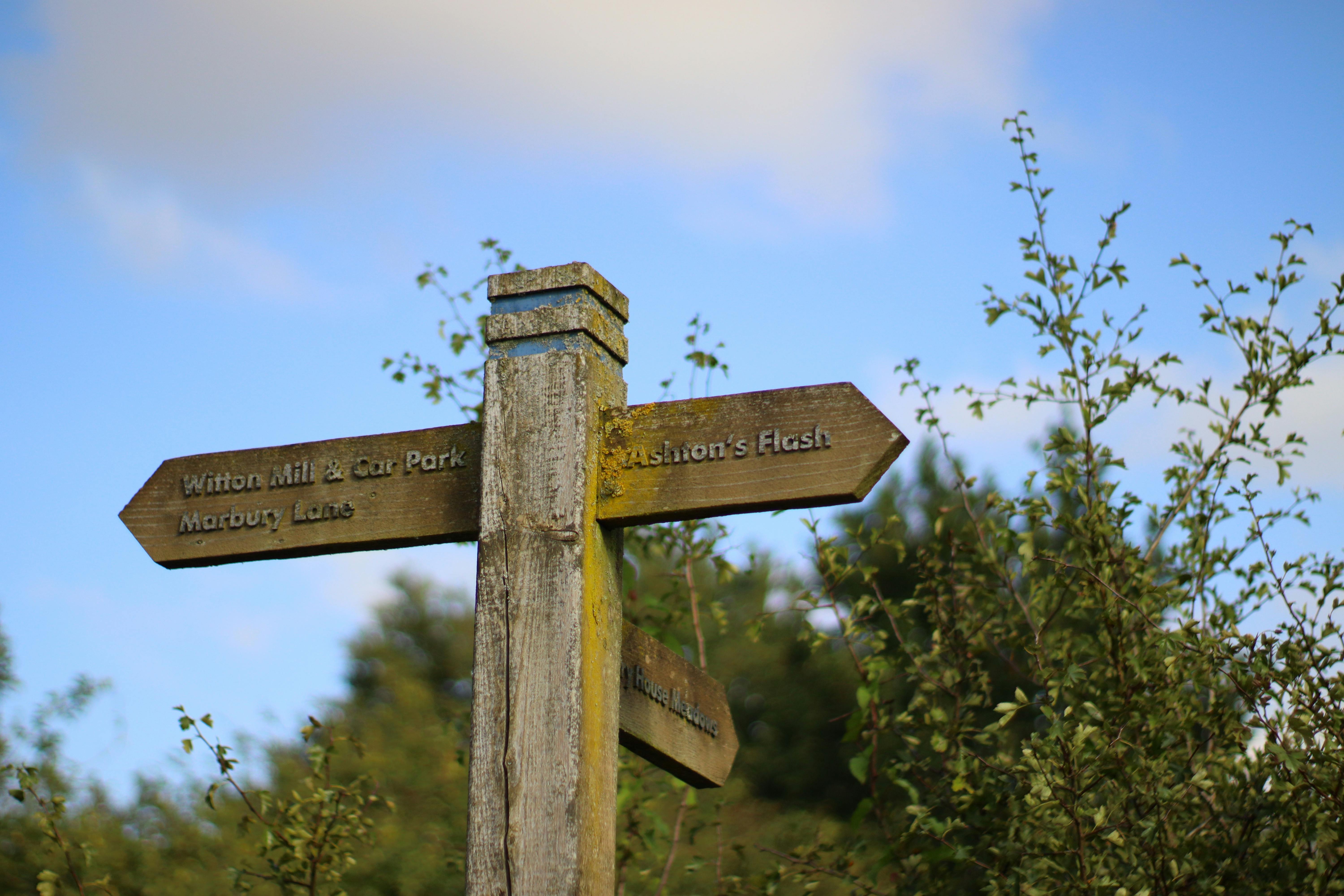A rustic wooden signpost in the English countryside under a clear blue sky.
