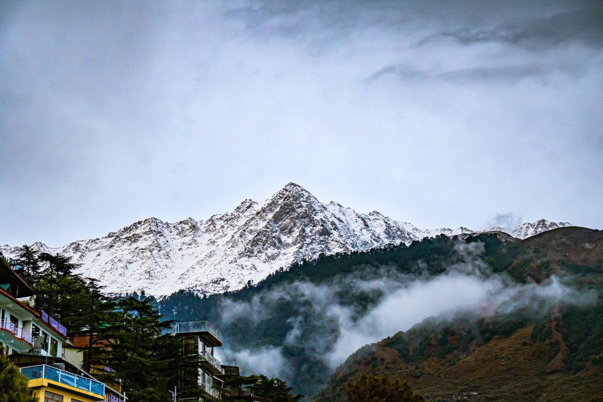 Scenic view of snow-capped Himalayan mountains in Dharamshala, Himachal Pradesh