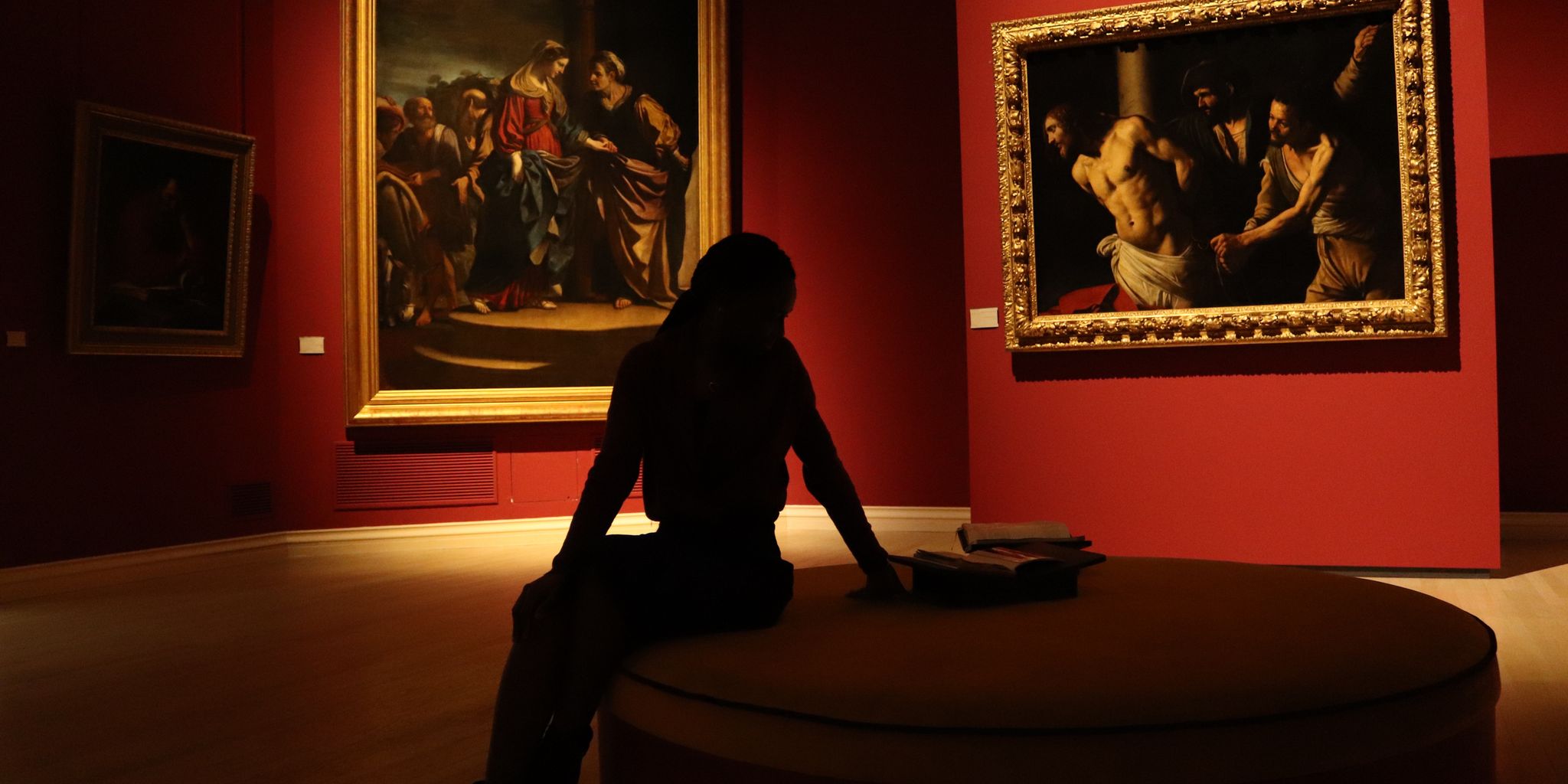 Paintings on display in an art gallery