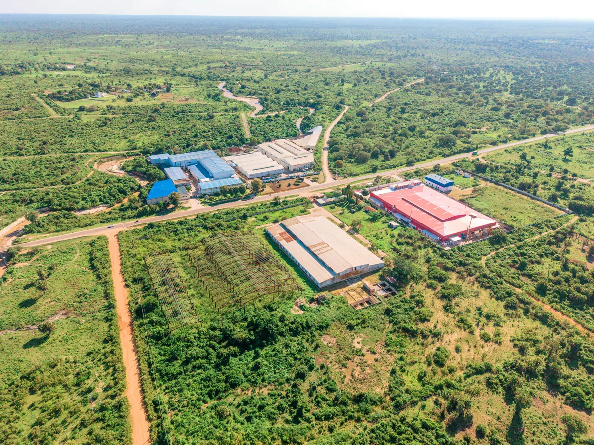 Aerial view of warehouses surrounded by green landscape