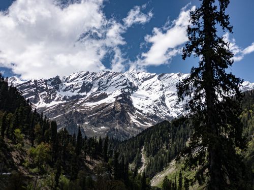 Free Stunning view of snow-capped mountains and lush forest beneath a vibrant blue sky. Stock Photo