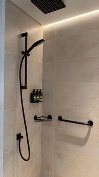 Contemporary bathroom shower area featuring sleek black hardware and modern design elements.