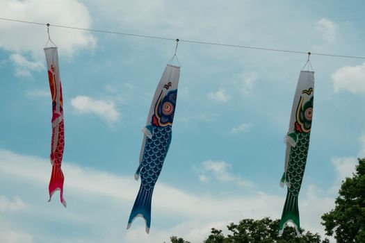Vibrant koinobori carp streamers hanging in the sky, symbolizing Children's Day in Japan.